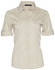 A women's short sleeve military shirt in a beige colour, featuring two front pockets and a logo on the collar.