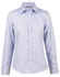 A light blue ladies' button-up shirt with long sleeves and a collared neckline, featuring a logo.