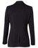 A mid-length women's black jacket with two buttons and long sleeves, featuring a fitted design and back seam detailing.