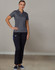 Ladies' utility cargo pants in black, paired with a grey polo shirt, displayed on a model standing against a plain background.