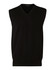 A black Men's 100% Merino Wool V Neck Vest with a ribbed hem and no sleeves, featuring a logo at the neckline.
