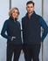A unisex polar fleece vest in navy blue, worn by a male and female model, features a front zip and pockets.