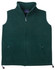 A unisex polar fleece vest in dark green with a zip front and two side pockets. Features a logo on the inside.