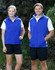 A unisex polar fleece vest in bright blue, worn by a woman and a man, each paired with a white t-shirt and shorts.