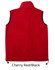 A unisex polar fleece vest in cherry red with black accents, featuring a logo and adjustable drawstring at the hem.