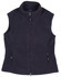 A navy ladies' bonded polar fleece vest with a zip front and side pockets, featuring a logo.