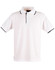 A white polo shirt with black collar and sleeve trim, featuring a logo on the chest area.