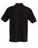 A black polo shirt with red detailing, featuring a collar and short sleeves. It has a branding logo.