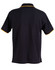 A black polo shirt featuring a yellow trim and a logo on the chest area, viewed from the back.