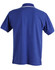 A blue men's polo shirt featuring short sleeves and a white collar detail, with a logo on the front.