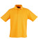 A unisex traditional polo shirt in vibrant yellow with a three-button placket and short sleeves. It features a logo.