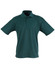 A dark green unisex traditional polo shirt with a collar and short sleeves. It features a logo on the chest area.