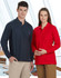 Adults' 240gsm poly/cotton long sleeve polo shirts in navy and red, featuring a logo on each shirt.