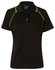 A black ladies polo shirt with green accent lines and a collar, featuring a logo on the front.