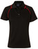 A black polo shirt with red detailing, featuring a collar and short sleeves, and includes a logo.