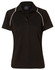 A black ladies polo shirt with white piping, featuring a collar and short sleeves, along with a branding logo.