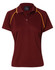 A maroon polo shirt with yellow detailing and a collar, featuring a branding logo.