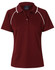 A maroon ladies polo shirt featuring a white trim and a small logo on the chest. Short sleeves and a classic collar.