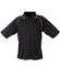 A black polo shirt with contrasting green accents, featuring a collar and short sleeves. It has a logo on the chest.