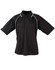 A black men's polo shirt with a collar and white piping details, featuring a branded logo.