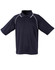 A black polo shirt with short sleeves and a contrasting collar, featuring a logo on the chest.