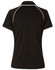 A black men's polo shirt featuring white piping, displaying a logo on the upper back.