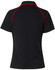 A black polo shirt with red detailing and a logo on the back collar.