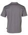 A grey short-sleeved polo shirt with a logo, featuring a plain back design and contrasting stitching.