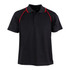 A black polo shirt with red accents and a collar, featuring a logo on the chest.