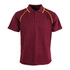 A maroon polo shirt with yellow accent detailing and a branding logo on the front.