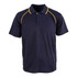 A navy polo shirt with yellow accents and a three-button placket. It features a logo on the chest.
