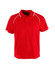 A red polo shirt with a collar, featuring white accents and a logo on the chest.