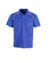A blue polo shirt with yellow accents and a logo on the front. Short sleeves and a collared design.