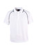 A white polo shirt with black piping and a collar. It features a logo on the upper left side.