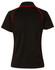 A black polo shirt featuring red accents, designed for kids, with a collar and short sleeves.