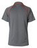 A children's polo shirt in grey with orange detailing and a logo on the back.