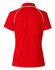 A rear view of a red polo shirt featuring white piping and a collar, with a logo on the back.