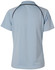 A light blue kid's polo shirt featuring a black trim and a logo on the back.