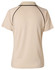 A beige kid's polo shirt with black accents, featuring a classic collar and short sleeves. It has a logo on the back.