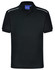 A black men's polo shirt with a collar and white accent stripes, featuring a logo.