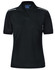 A black polo shirt for women with short sleeves and two white stripes on the shoulders. It features a logo on the chest.
