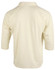 A cream-coloured men's 3/4 sleeve cricket polo shirt with a back view and a logo on the side.