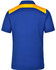A blue polo shirt featuring an orange-coloured panel across the shoulders, with a logo on the chest.