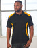 A black polo shirt with yellow accent panels, featuring a collar and short sleeves. It has a logo.