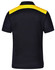 A black polo shirt with a yellow shoulder design and a logo on the back.