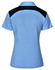 A light blue polo shirt with a black panel on the back. It features a collar and short sleeves.