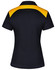 A black ladies' polo shirt with a yellow back panel and a logo on the upper section.