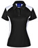 A black polo shirt with white side panels, featuring a collar and a logo on the upper part.