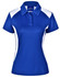 A blue and white women's polo shirt with a collar and short sleeves, featuring a logo on the front.