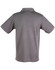 A grey men's polo shirt featuring a collar and short sleeves, with a logo on the back.